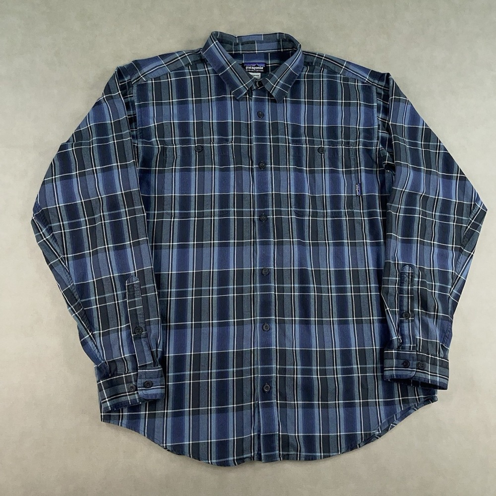 Patagonia Shirt Blue Plaid Organic Cotton Long Sleeve Button Up Pockets Large
